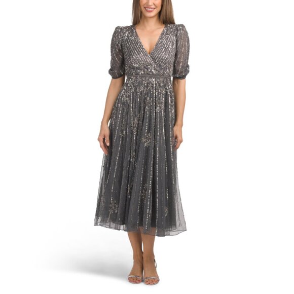 MAC DUGGAL Pewter Short Sleeve Beaded Dress